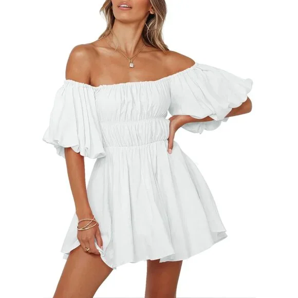Women White Off The Shoulder Summer Dress Short Lantern Sleeve Ruffle Mini Dress | Color: White | Size: XL | Livelavishshop's Closet Women White Off The Shoulder Summer Dress Short Lantern Sleeve Ruffle Mini Dress | Color: White | Size: XL | Livelavishshop's Closet